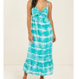 Faded Glory L 12-14 Tie Dyed Tiered Ruffle Hem Dress 100% Cotton Teal Blue Green